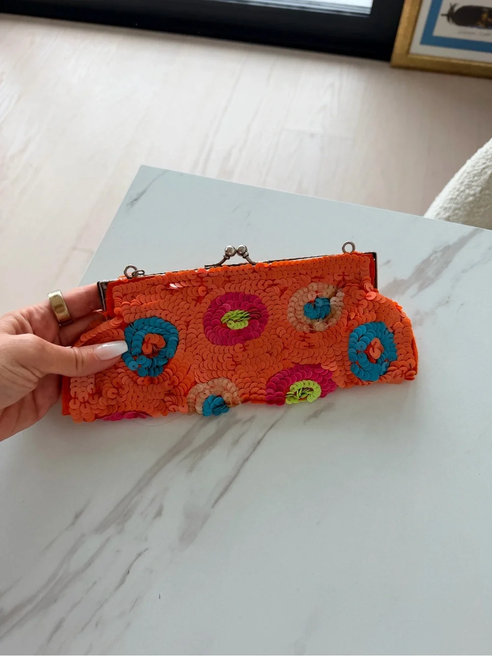 Orange Sequin Circle Accent Clutch